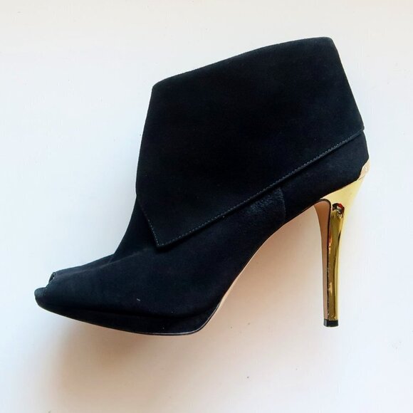 Michael Kors Black Suede Leather Peep Toe Gold Heel Ankle Boots / Booties Sz. 10 - Picture 7 of 16